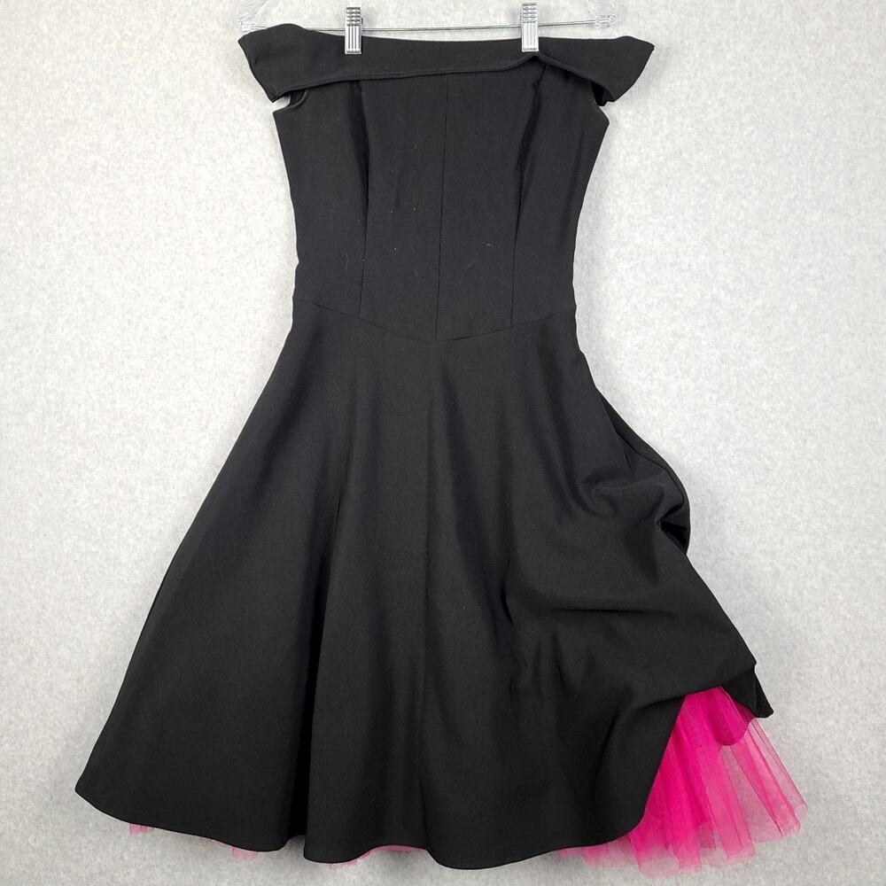 VTG Ruby Rox Dress Black 3 Pink‎ Crinoline Rockabilly Swing Off Shoulder MOU-143